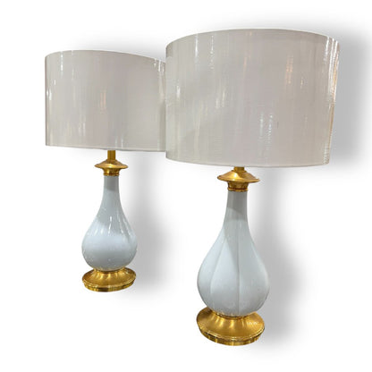 Pair of Vintage Sky Blue Scalloped Porcelain Lumi Milano Lamps Made in Italy 31"H x 17"W