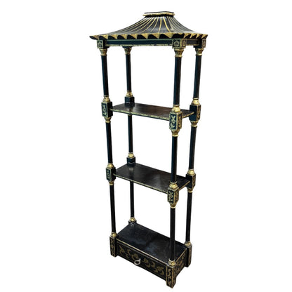 Vintage Hollywood Regency Chinoiserie Style Pagoda Black Lacquered Wood Decorative Shelves 13Lx7Wx36H Can be hung on wall.