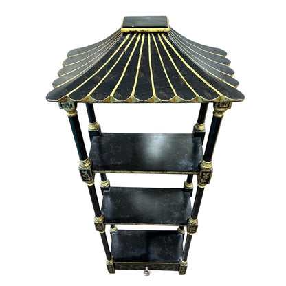 Vintage Hollywood Regency Chinoiserie Style Pagoda Black Lacquered Wood Decorative Shelves 13Lx7Wx36H Can be hung on wall.