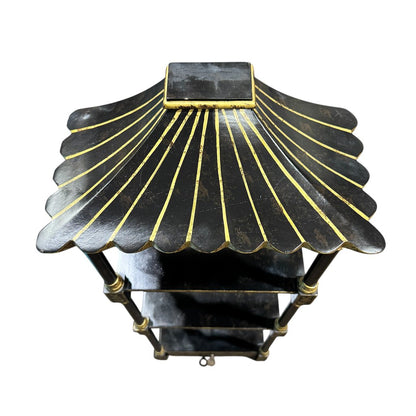 Vintage Hollywood Regency Chinoiserie Style Pagoda Black Lacquered Wood Decorative Shelves 13Lx7Wx36H Can be hung on wall.