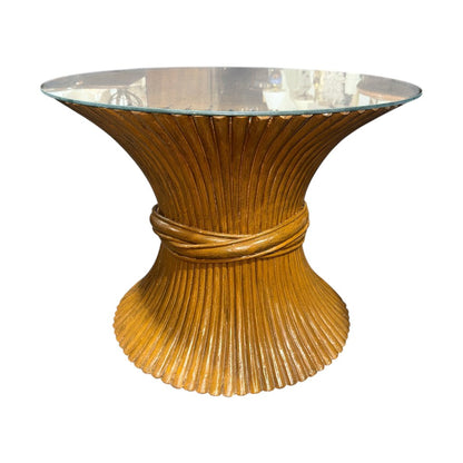Vintage McGuire Rattan Wheat Sheaf Side Table w/ Glass Top 28Lx28Wx22H