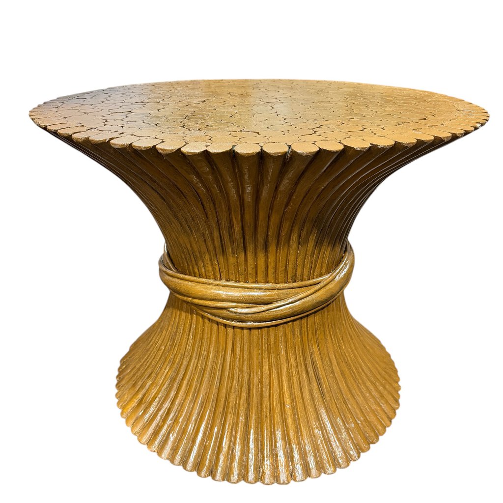 Vintage McGuire Rattan Wheat Sheaf Side Table w/ Glass Top 28Lx28Wx22H