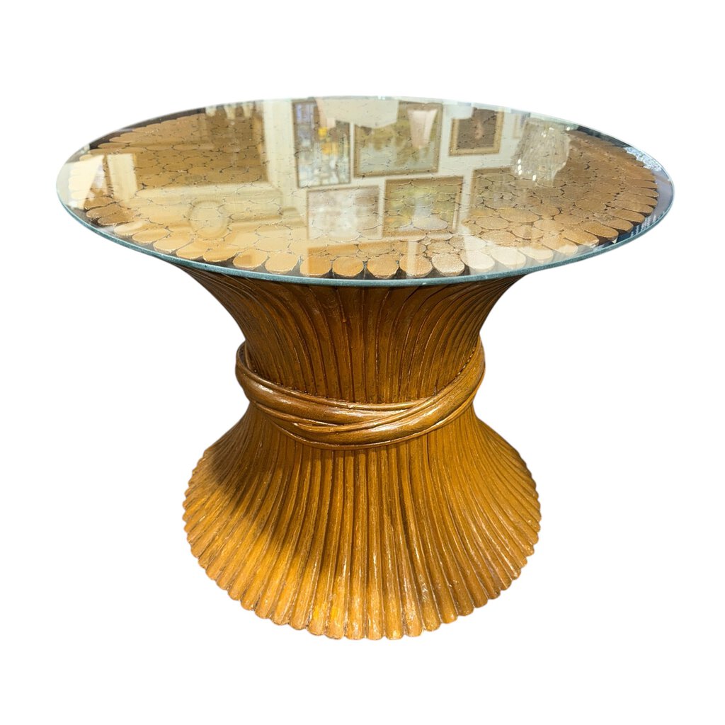 McGuire Rattan Wheat Sheaf Side Table w/ Glass Top 28dia x 22h