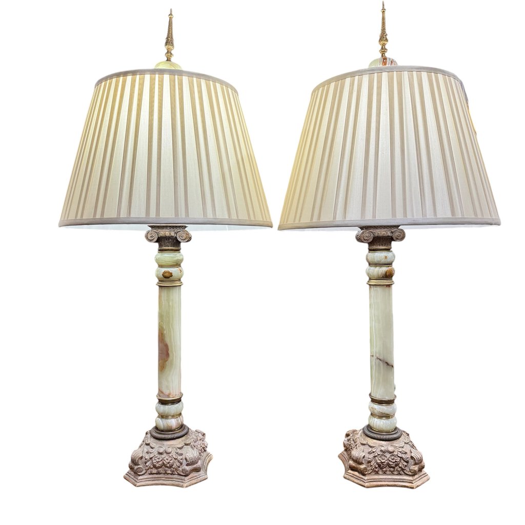 Pair of Neoclassical Genuine Green Onyx Column Table Lamps w/ Pleated Shades & Large Onyx Finials