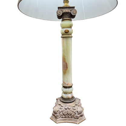 Pair of Neoclassical Genuine Green Onyx Column Table Lamps w/ Pleated Shades & Large Onyx Finials