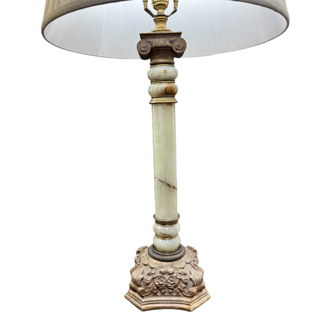 Pair of Neoclassical Genuine Green Onyx Column Table Lamps w/ Pleated Shades & Large Onyx Finials