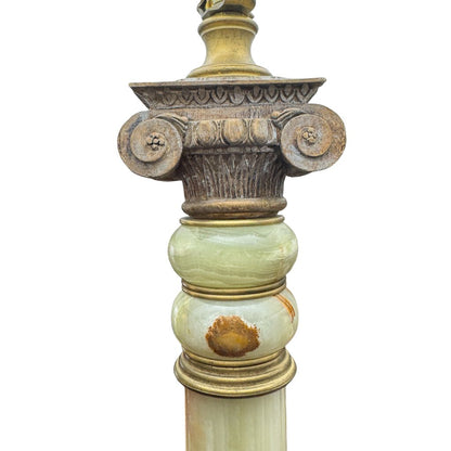 Pair of Neoclassical Genuine Green Onyx Column Table Lamps w/ Pleated Shades & Large Onyx Finials