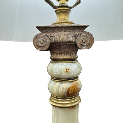 Pair of Neoclassical Genuine Green Onyx Column Table Lamps w/ Pleated Shades & Large Onyx Finials