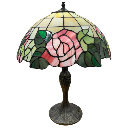 Rose Stained Glass Shade Tiffany Style Lamp w/ Iron Base 17Wx22H