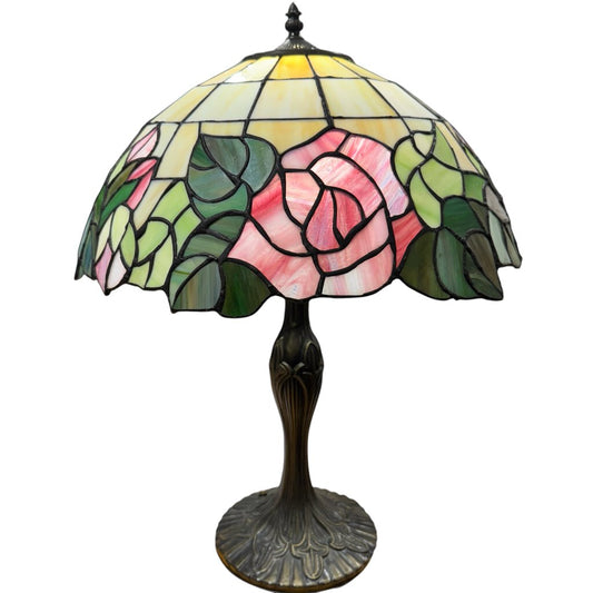 Rose Stained Glass Shade Tiffany Style Lamp w/ Iron Base 17Wx22H