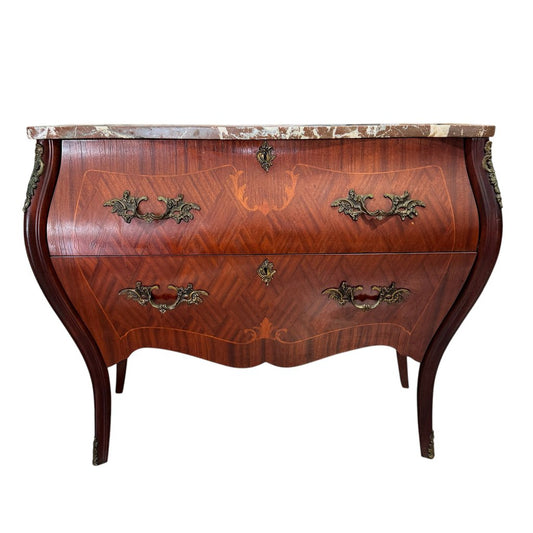 Antique French Louis XVI Style Mahogany Bombe Commode Chest with Marble Top 36Lx14Wx28H