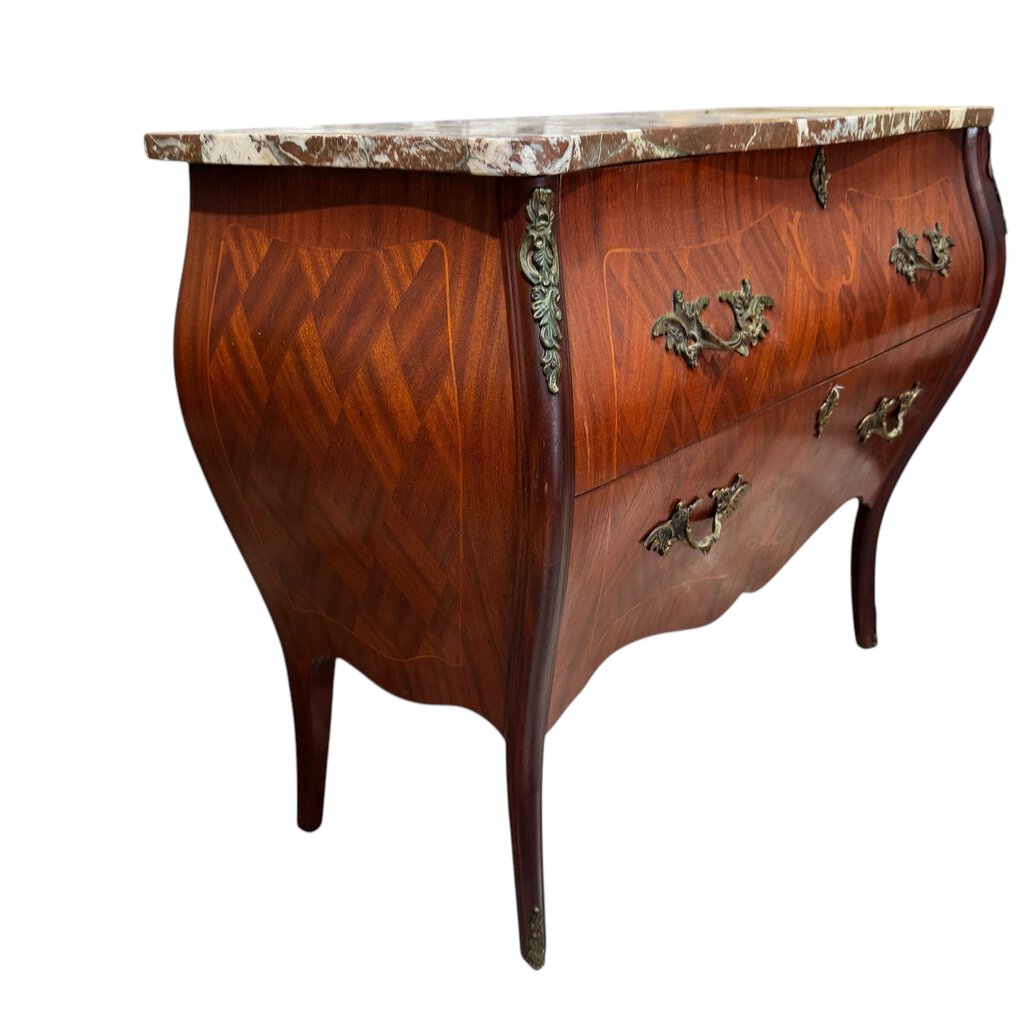 Antique French Louis XVI Style Mahogany Bombe Commode Chest with Marble Top 36Lx14Wx28H