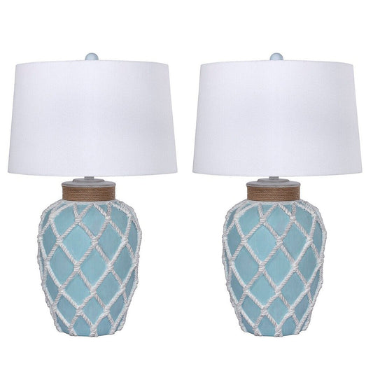 Sanibel Blue Wash Rope Table Lamps (PAIR) w/ White Linen Shade 30" tall