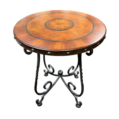 Wooden Nail-headed Inlay Medallion Table w/ Spiral Hammered Iron Legs