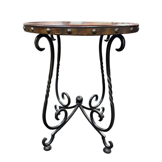 Wooden Nail-headed Inlay Medallion Table w/ Spiral Hammered Iron Legs