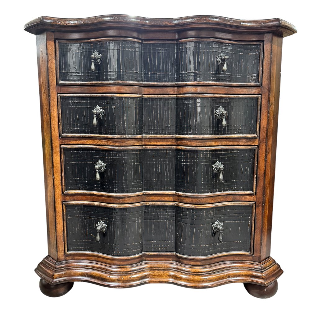 Ethan Allen Lucca Serpentine Nightstand Chest of Drawers w/ Crackle Black Lacquer Finish 34Lx17Wx34H