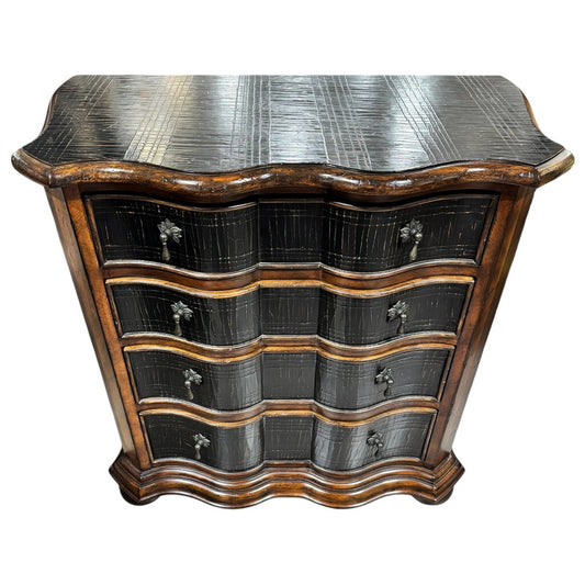 Ethan Allen Lucca Serpentine Nightstand Chest of Drawers w/ Crackle Black Lacquer Finish 34Lx17Wx34H