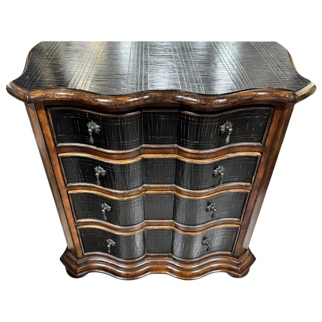 Ethan Allen Lucca Serpentine Nightstand Chest of Drawers w/ Crackle Black Lacquer Finish 34Lx17Wx34H