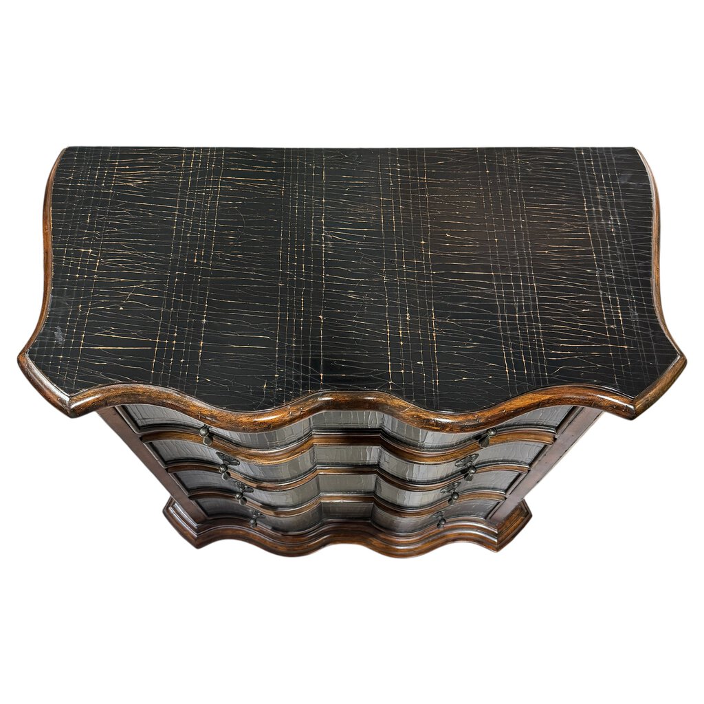 Ethan Allen Lucca Serpentine Nightstand Chest of Drawers w/ Crackle Black Lacquer Finish 34Lx17Wx34H