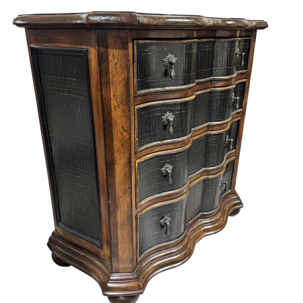 Ethan Allen Lucca Serpentine Nightstand Chest of Drawers w/ Crackle Black Lacquer Finish 34Lx17Wx34H