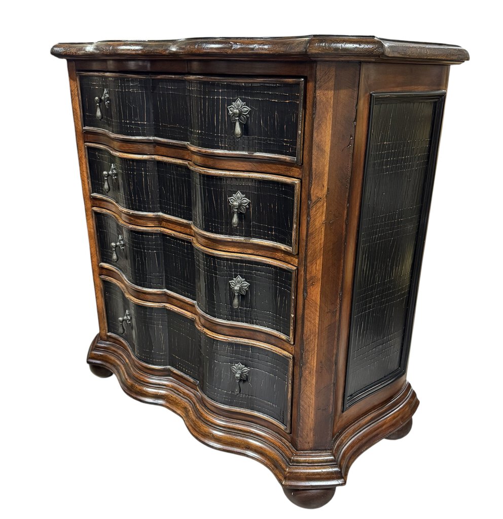 Ethan Allen Lucca Serpentine Nightstand Chest of Drawers w/ Crackle Black Lacquer Finish 34Lx17Wx34H