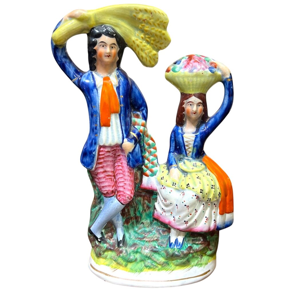 Antique Staffordshire Porcelain Man and Woman Figurine (As is) 9"H X 5"L X 2.5"W