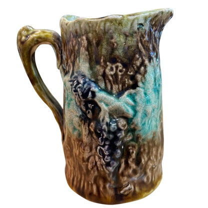 Antique Majolica Bark & Berries Leaf Design Pitcher 4.5Hx4W
