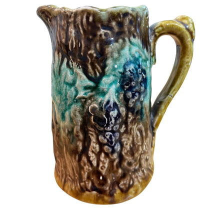 Antique Majolica Bark & Berries Leaf Design Pitcher 4.5Hx4W
