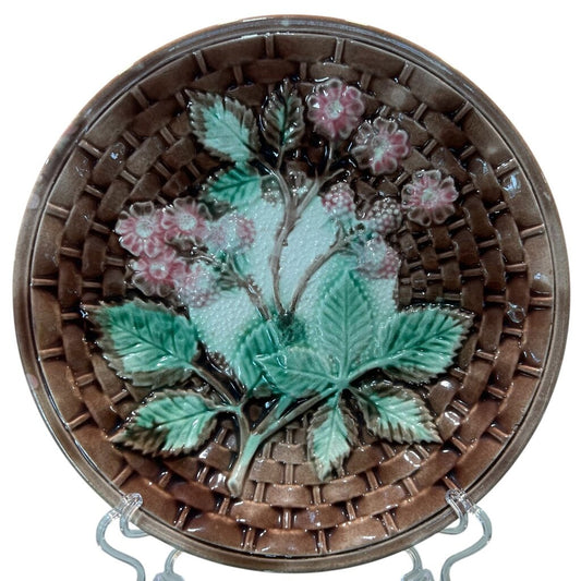 Antique Majolica Basket Weave Berries w/ Pink Flowers Plate 8" D