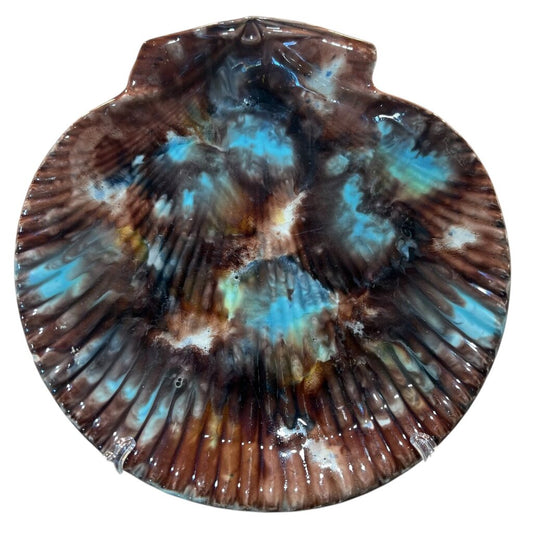 Mid 19th Century Wedgwood Majolica Tortoise Glazed Brown & Teal Scallop Plate 8.5 W x9H
