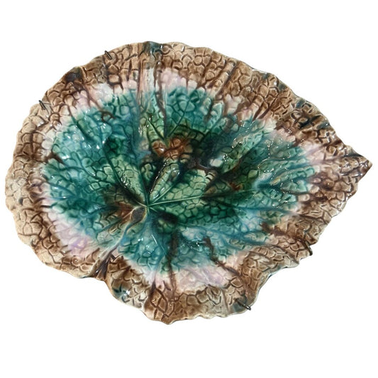 Antique Majolica Pink & Green Etruscan Begonia Leaf Dish 9Lx7W