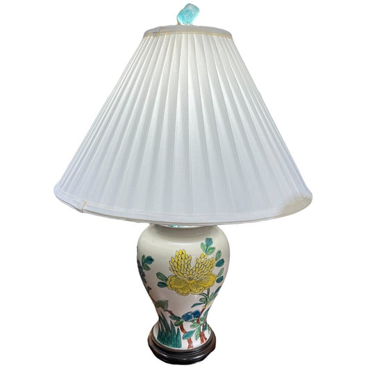 Vintage Ginger Jar Lamp w/ Yellow and Turquoise Flower 23"Tall