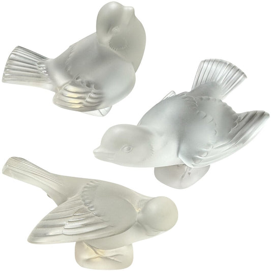 Set of 3 Lalique Frosted Crystal Sparrows Birds 5Lx3.5L