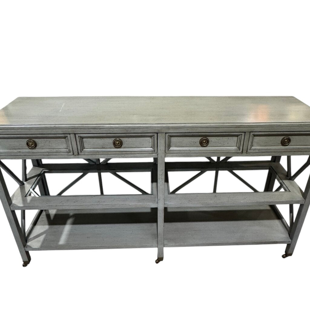 Hickory White Solid Wood Console Table on Brass Casters Custom Color- French Blue Made in USA 60Lx16Wx34H