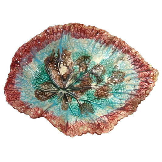 Antique Majolica Begonia Pink & Blue Leaf Plate 7.5"L X 6"W