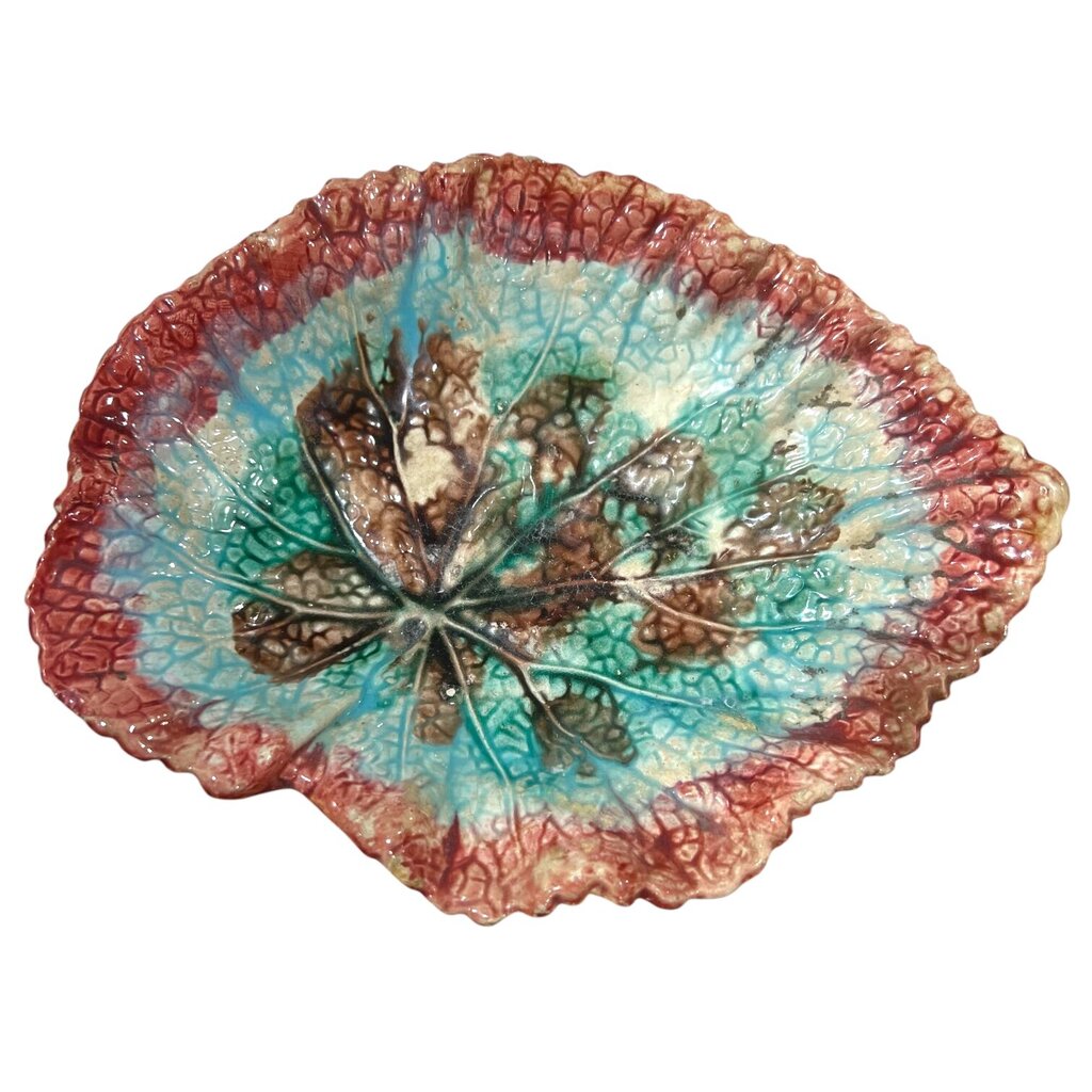 Antique Majolica Begonia Pink & Blue Leaf Plate 7.5"L X 6"W