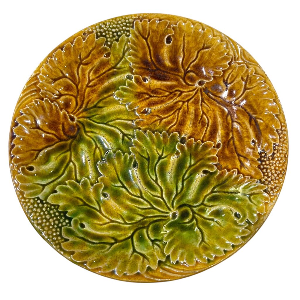 Antique Majolica Green & Brown Leaf Plate 8.5"Dia