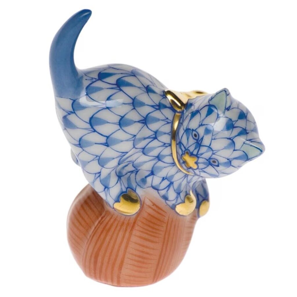 Mischievous Cat with Yarn Figurine Herend porcelain from Hungary, handmade and handpainted with 24K gold accents 1½" w x 2" h.
