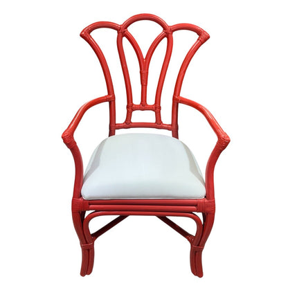 Coral Lacquered Rattan Chair w/ White Upholstered Seat 22Lx21Wx32H