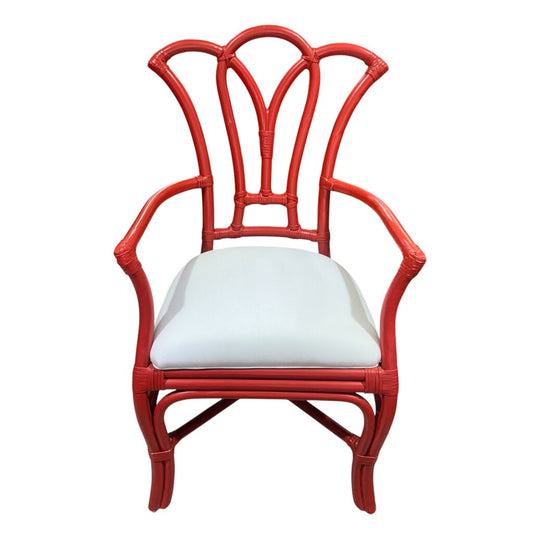 Coral Lacquered Rattan Chair w/ White Upholstered Seat 22Lx21Wx32H
