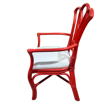 Coral Lacquered Rattan Chair w/ White Upholstered Seat 22Lx21Wx32H