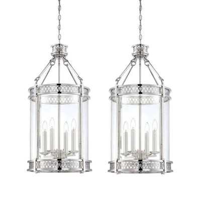 Pair of Savoy House Coronado 4 Light Chrome Pendant Chandeliers 17Wx32H