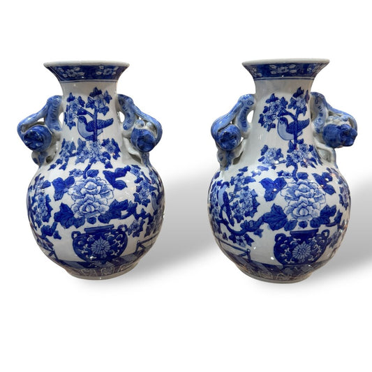 Pair of Vintage Blue & White Chinoiserie Vases Andrea by Sadek 6Wx9H