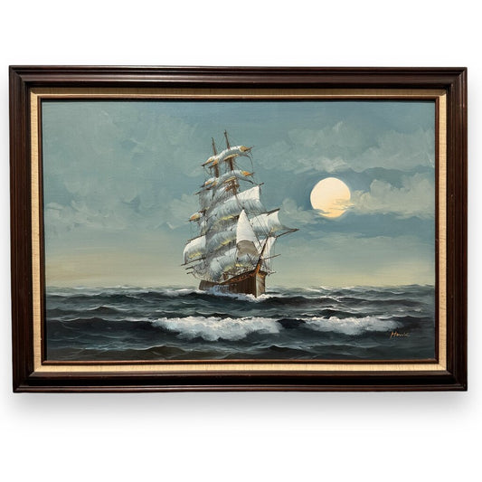 Vintage Framed Oil Painting Ocean Sailing Ship w/ Full Moon 42x30