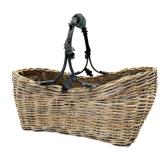 Vintage Maitland Smith Wicker Reed Basket w/ Wrought Iron Leaf Handle & Round Glass 24Lx15Wx18H
