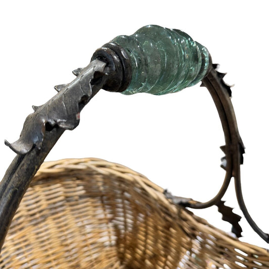 Vintage Maitland Smith Wicker Reed Basket w/ Wrought Iron Leaf Handle & Round Glass 24Lx15Wx18H