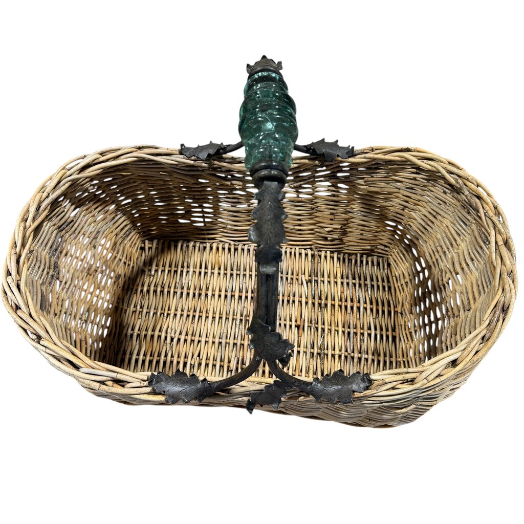 Vintage Maitland Smith Wicker Reed Basket w/ Wrought Iron Leaf Handle & Round Glass 24Lx15Wx18H