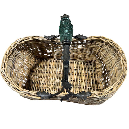 Vintage Maitland Smith Wicker Reed Basket w/ Wrought Iron Leaf Handle & Round Glass 24Lx15Wx18H
