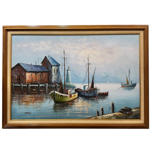 Vintage Nautical Oil Painting of Harbor Scene w/ Lighthouse Fish Houses Docs & Fishing Boats by: Harris 41Lx29H