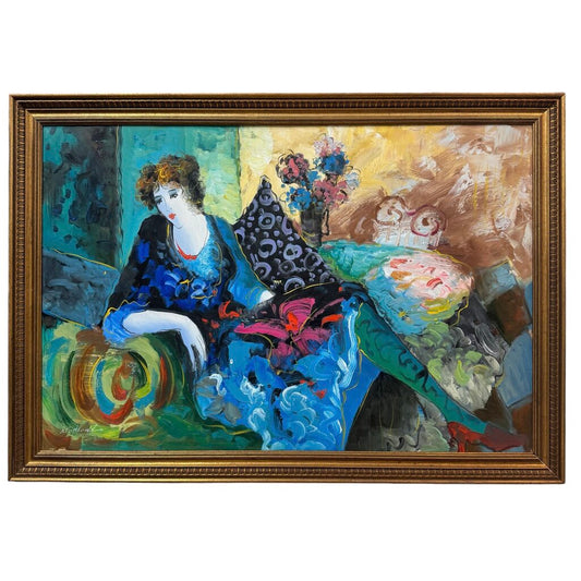 Vintage Colorful Abstract Oil of Woman Sitting in a Cafe by: M. Harold, a follower of Listed Artist Itzchak Tarkey 40Lx28H